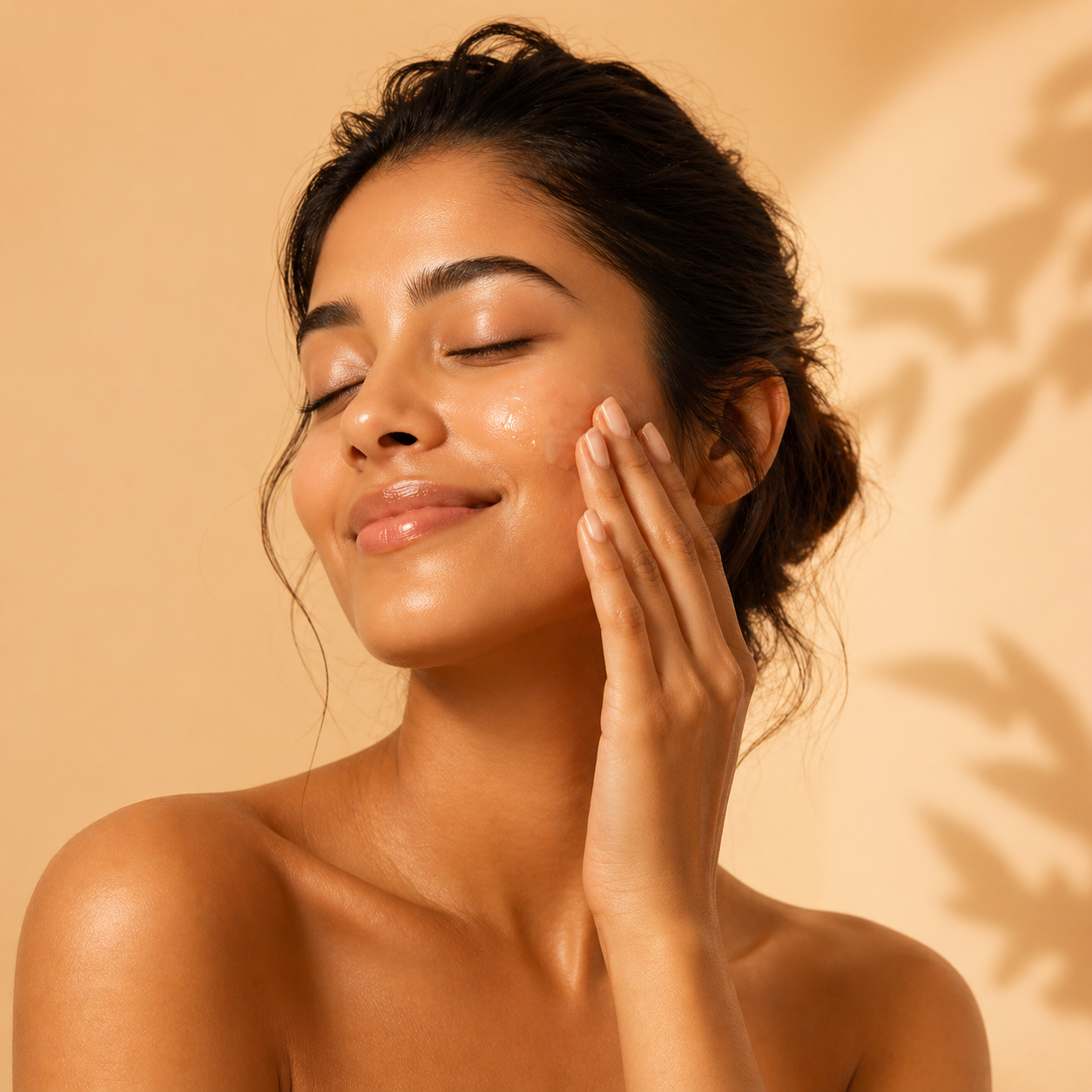 Woman with closed eyes touching her face against a beige background