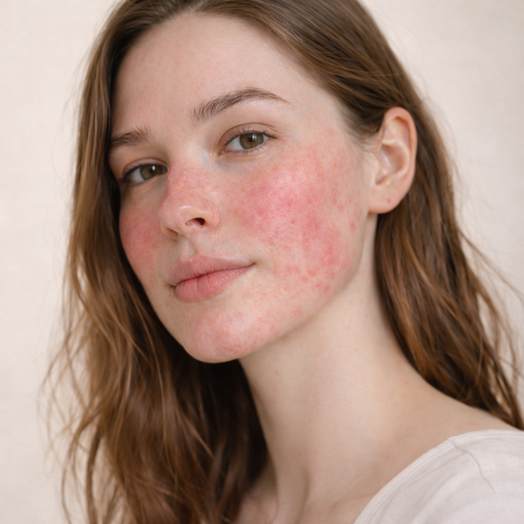 Woman with sensitive skin on her face against a plain background